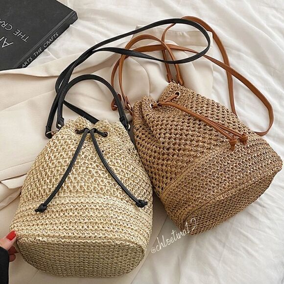Women's Woven Straw Bucket Drawstring Tote Handbag, Light Brown or Beige - Picture 4 of 12